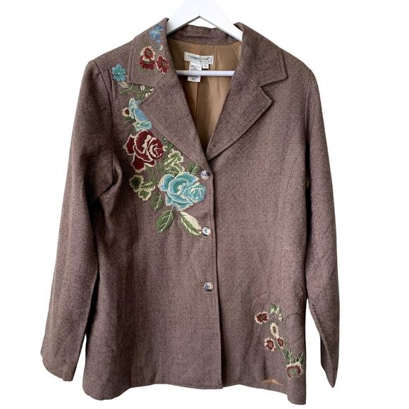Coldwater Creek Wool Blend Blazer Size 10 Brown Flower Embellished Twee Art - Picture 1 of 7